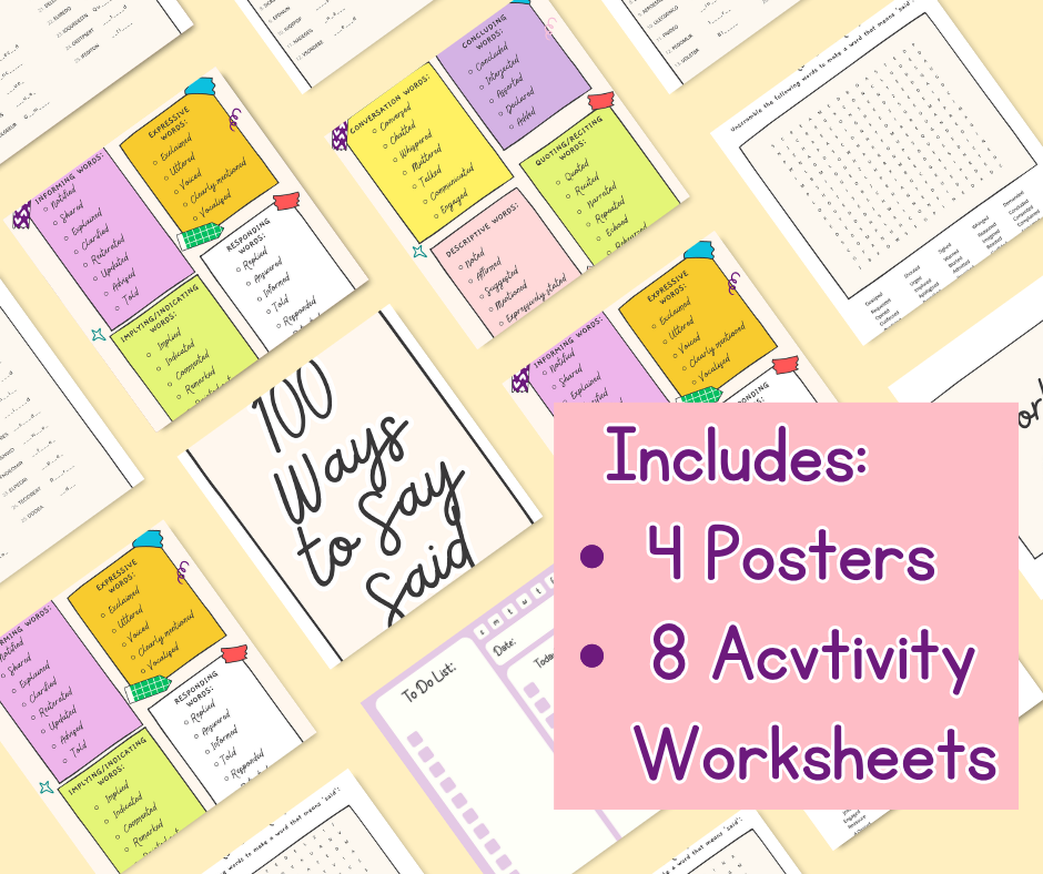 100 Ways to Say 'Said' Posters and Activity Worksheet Bundle | English Poster | | Printable | English Poster | Vocabulary Poster | Spelling Poster | Classroom Decor | Teacher Resource