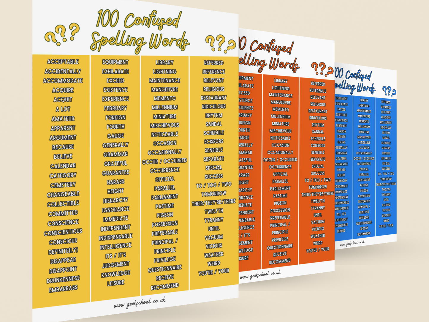 100 Confused Spelling Words | Bright Colours | Spelling Printable | Vocabulary Printable | Classroom Decor | Teacher Resources