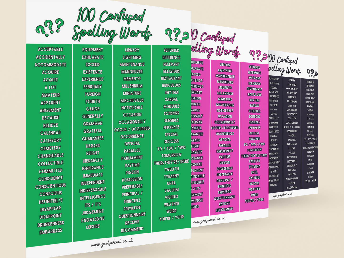 100 Confused Spelling Words | Bright Colours | Spelling Printable | Vocabulary Printable | Classroom Decor | Teacher Resources