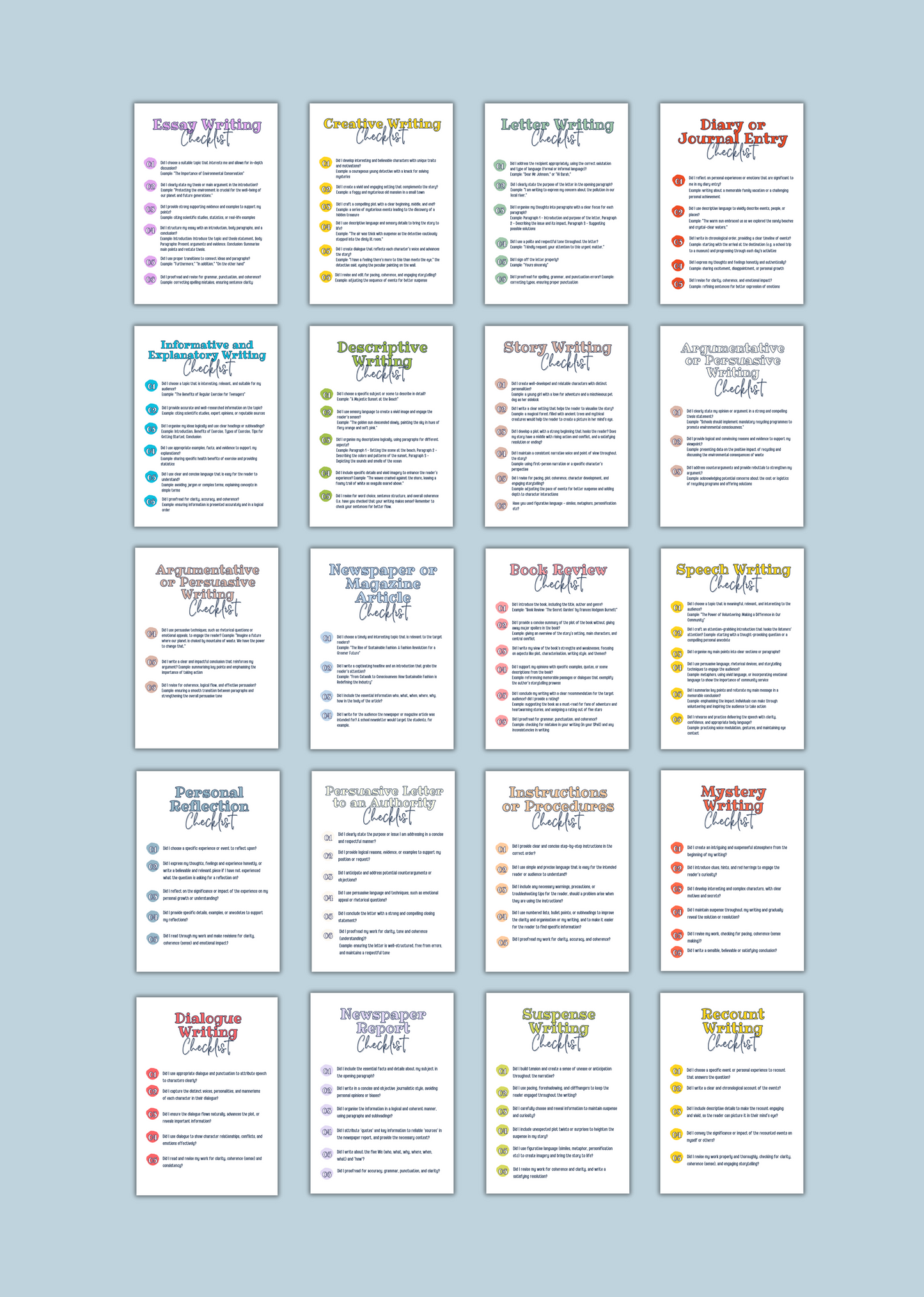 20 Writing Prompt Checklist (Cheat Sheet) Bundle | Writing Prompts | Printable Writing Prompt Checklist