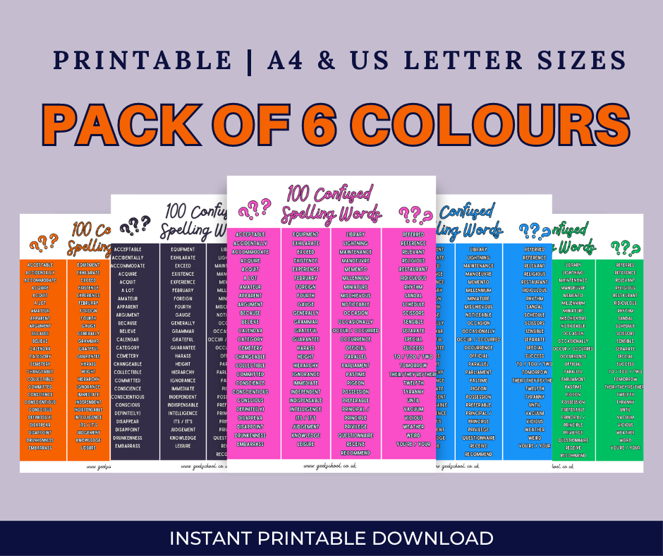 100 Confused Spelling Words | Bright Colours | Spelling Printable | Vocabulary Printable | Classroom Decor | Teacher Resources