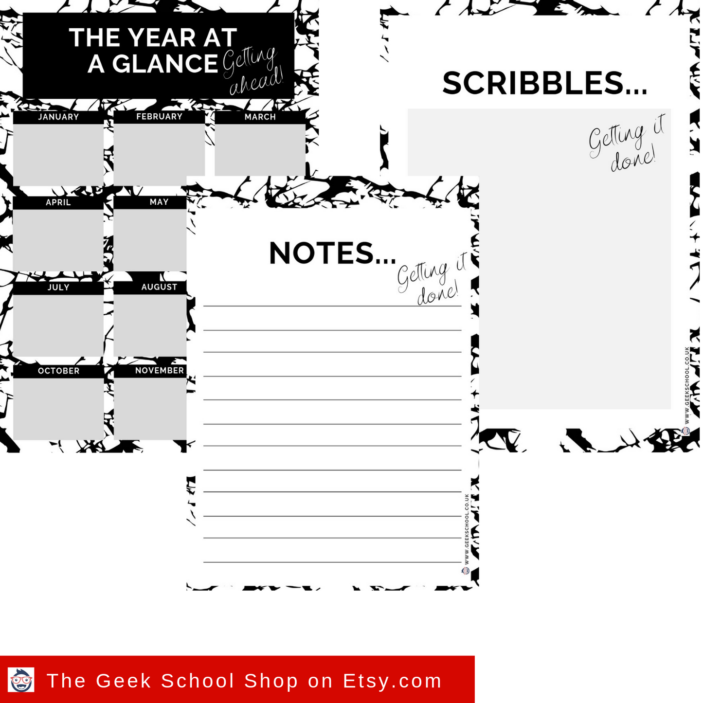 Printed Student Revision Planner Bundle in Black and White Marble Effect | Daily, Weekly and Monthly School and College Organiser