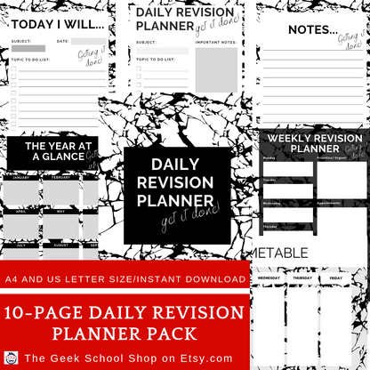 Printed Student Revision Planner Bundle in Black and White Marble Effect | Daily, Weekly and Monthly School and College Organiser