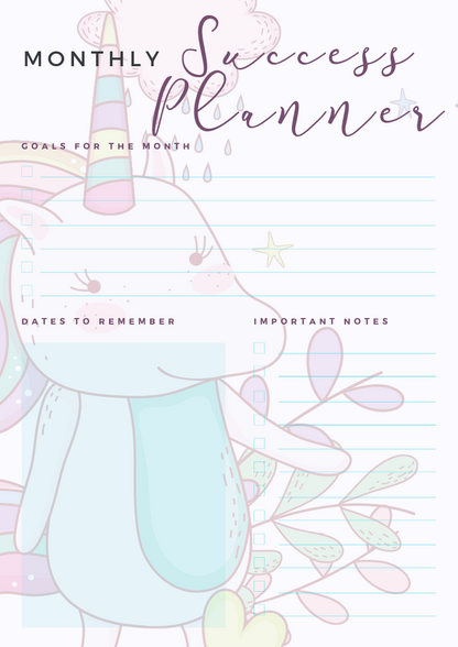 Printed Unicorn Success Planner - For School or College Revision and Life