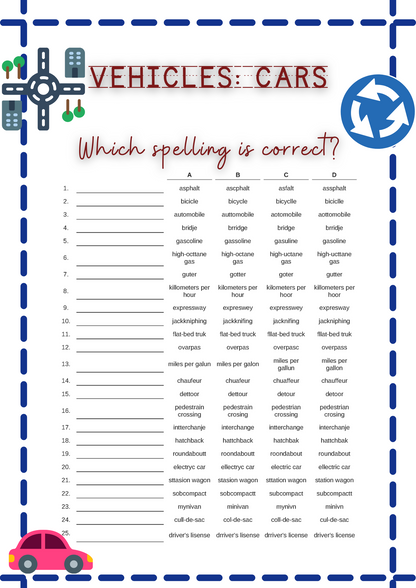 SATs and 11 Plus Vocabulary Builder (Transportation and Vehicle Words) Workbook - Instant Download